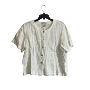 Orvis Linen Shirt Large Womens Cream Button Up Short Sleeve Boxy Crop Lagenlook